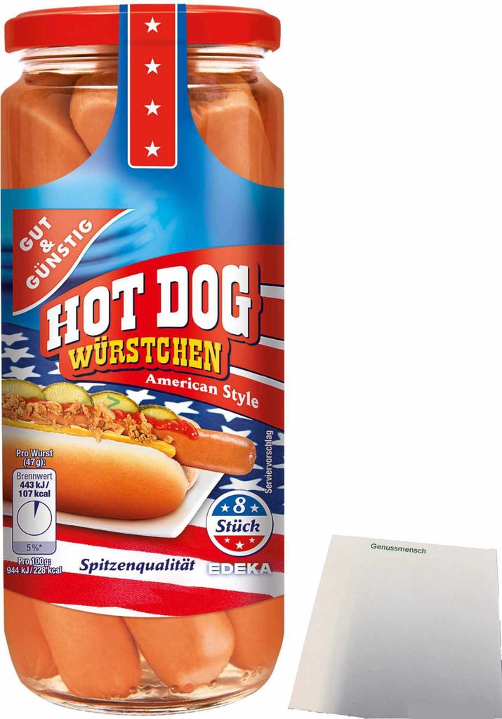 Gut & Günstig Hot Dog Würstchen in Eigenhaut American Style (8 Stück 375g ATG) + usy Block