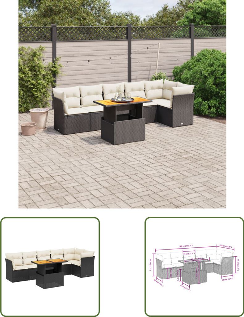 The Living Store 7-tlg. Garten-Sofagarnitur mit Kissen Schwarz Poly Rattan