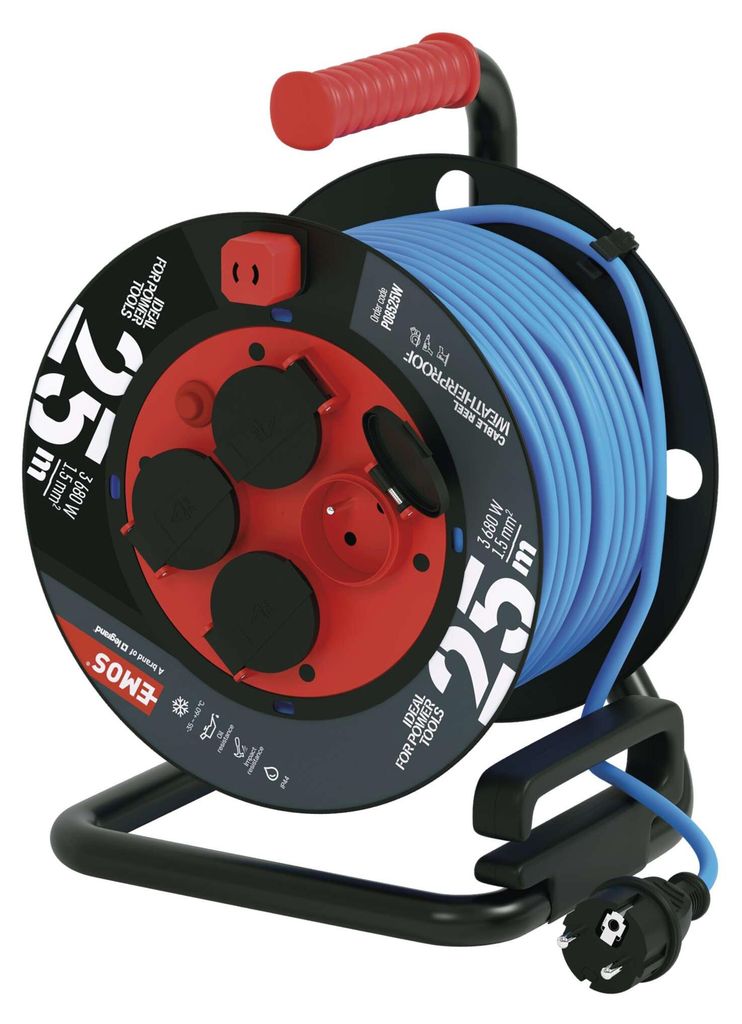 Počasí odolný prodluž. kabel na bubnu 25 m / 4 zásuvky / modrý / PVC / 230 V / 1,5 mm2