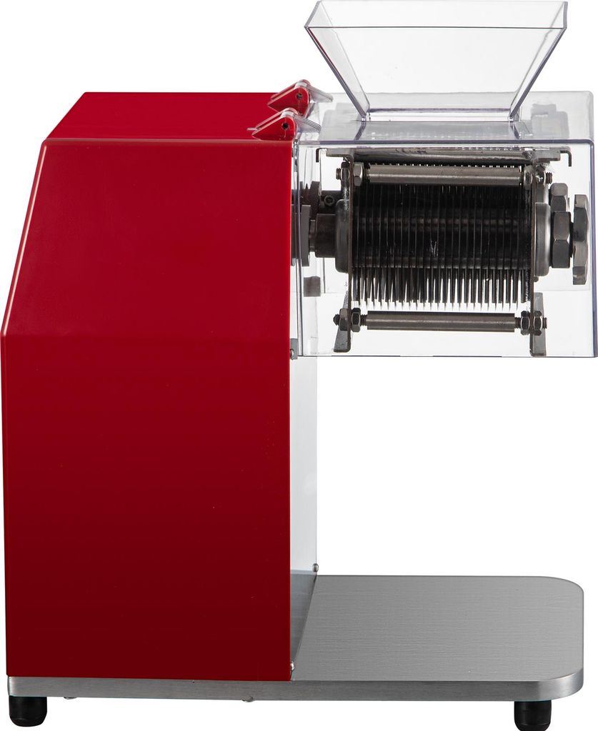 A red meat slicer machine is shown from the side against a white background.