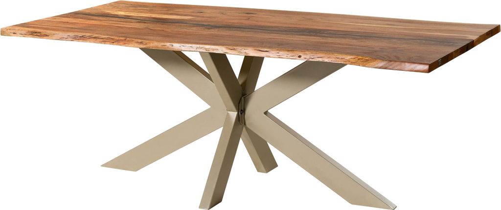 MASSIVMOEBEL24 Baumtisch Akazie 240x100x74 natur lackiert / Epoxid schwarz, Kreuzgestell silber matt EPOXY