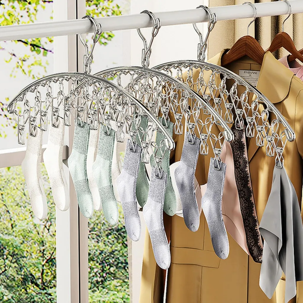 Séchoir à chaussettes suspendu en inox - 2 pièces avec pinces à linge intégrées