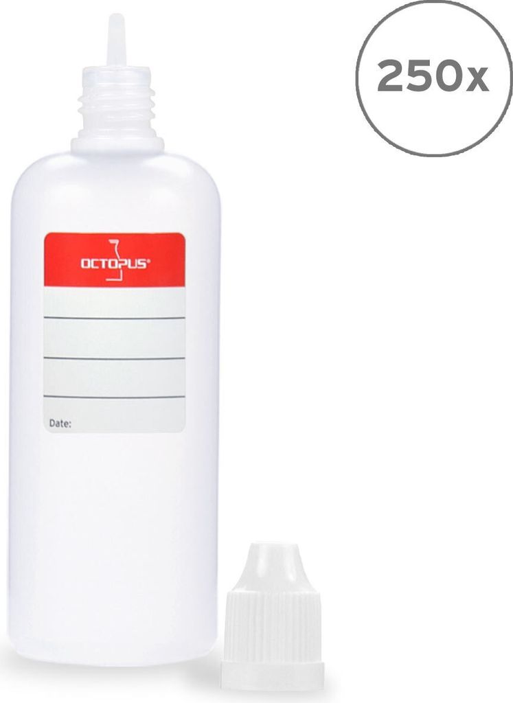 250 Plastikflaschen 100 ml LDPE, G14, Tropfeinsatz, Deckel weiß