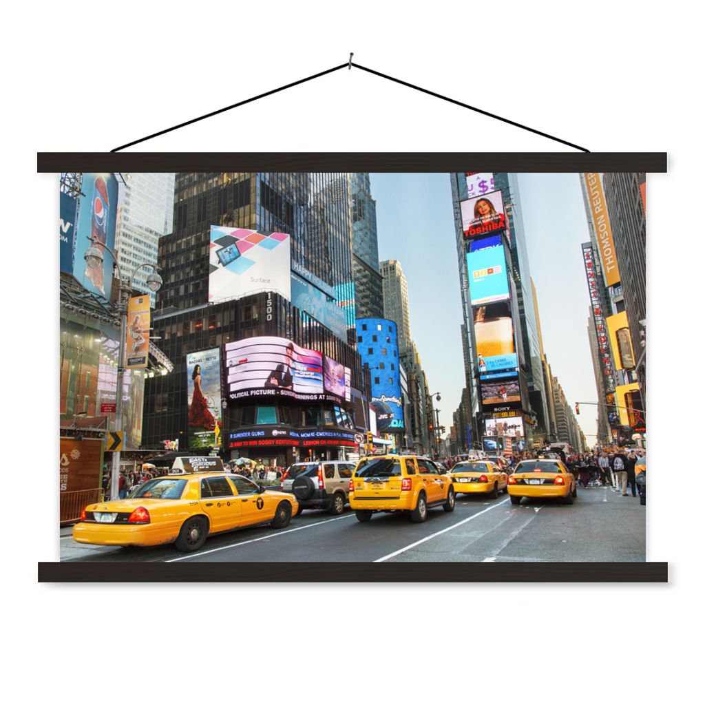 MuchoWow Textilposter New York - Taxi - Gelb 60x40 cm mit schwarzem Rahmen - Hölzernes