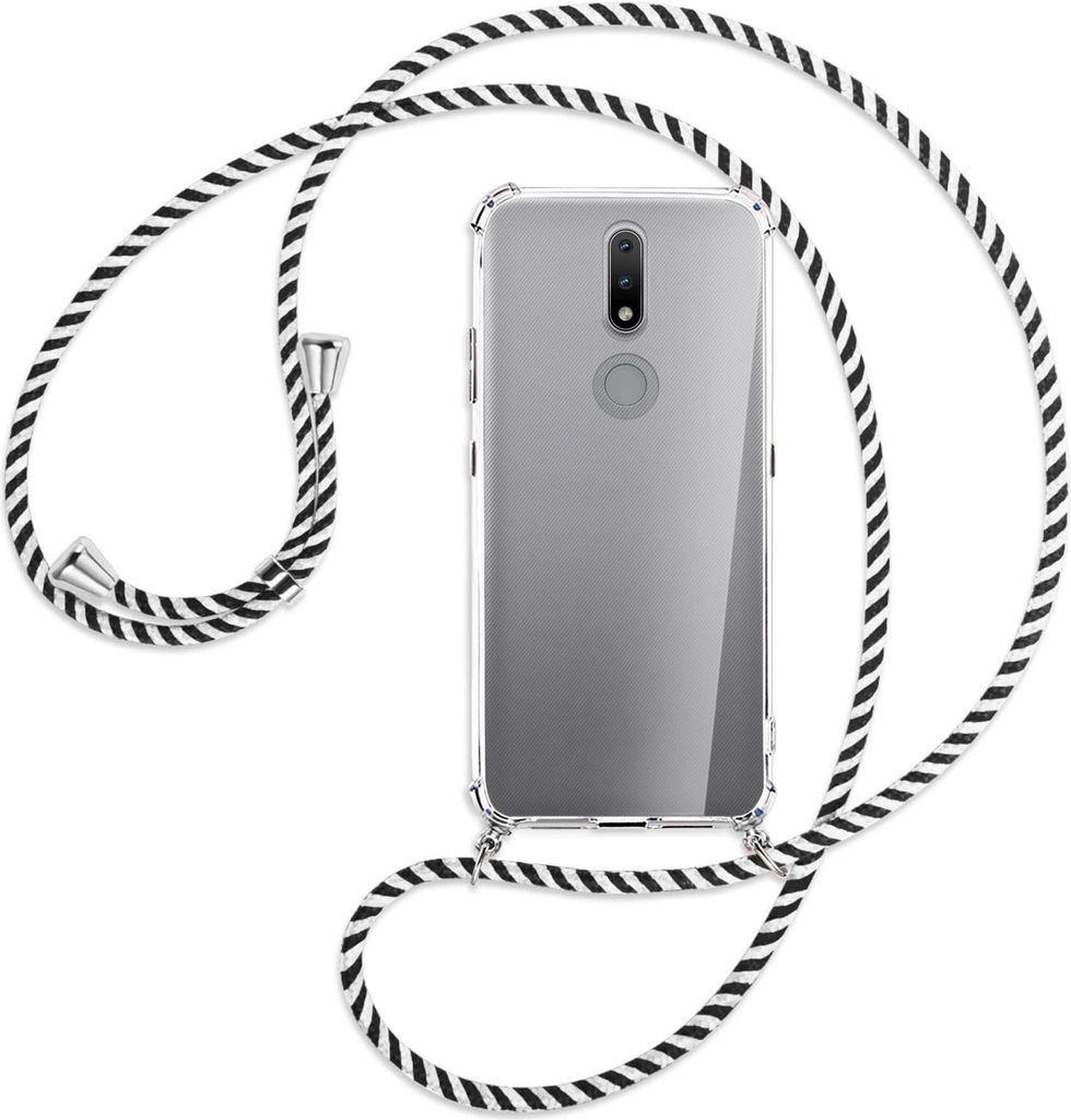 Handykette Backcover-Schutzhülle mit Band (Metall silberfarben) für Nokia 2.4 - schwarz/weiß gestreift