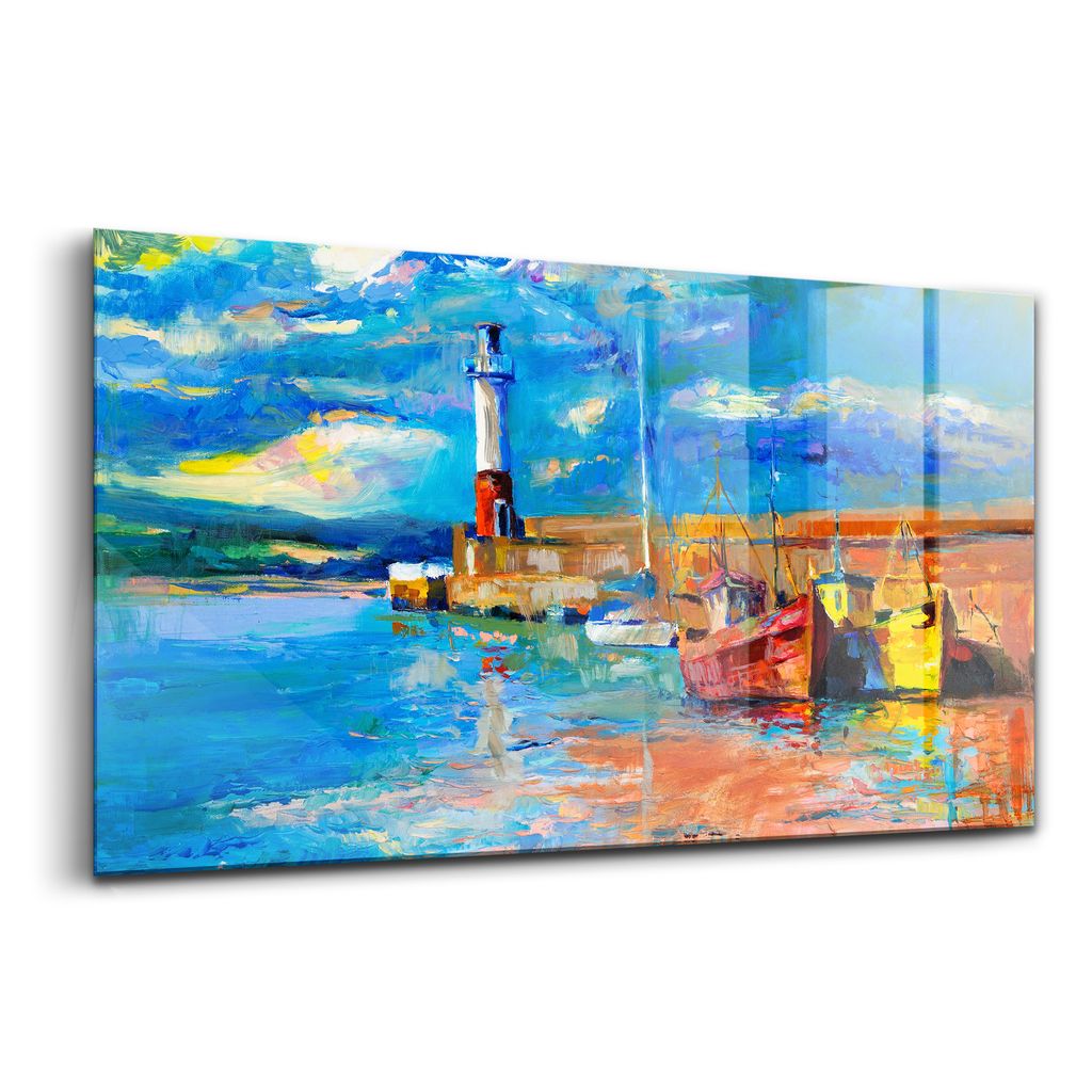 Glasbild - dekorative Malerei - moderne Malerei - 100x50 - Leuchtturm und Schiffe