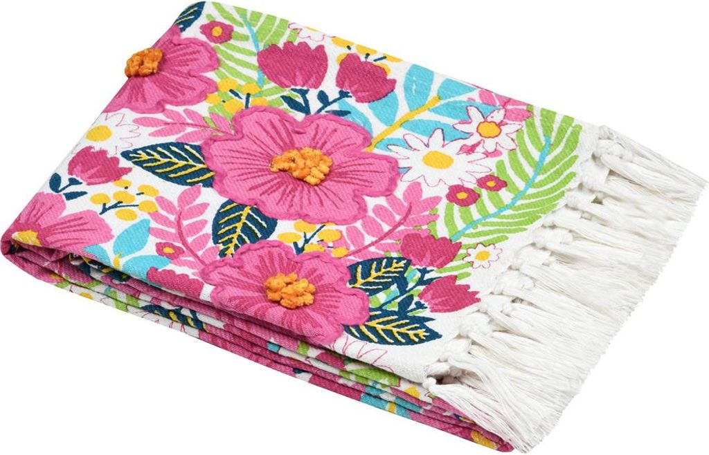 Strandtuch Hamamtuch Plaid Fouta Blumen mit Fransenrand pink 90x180cm