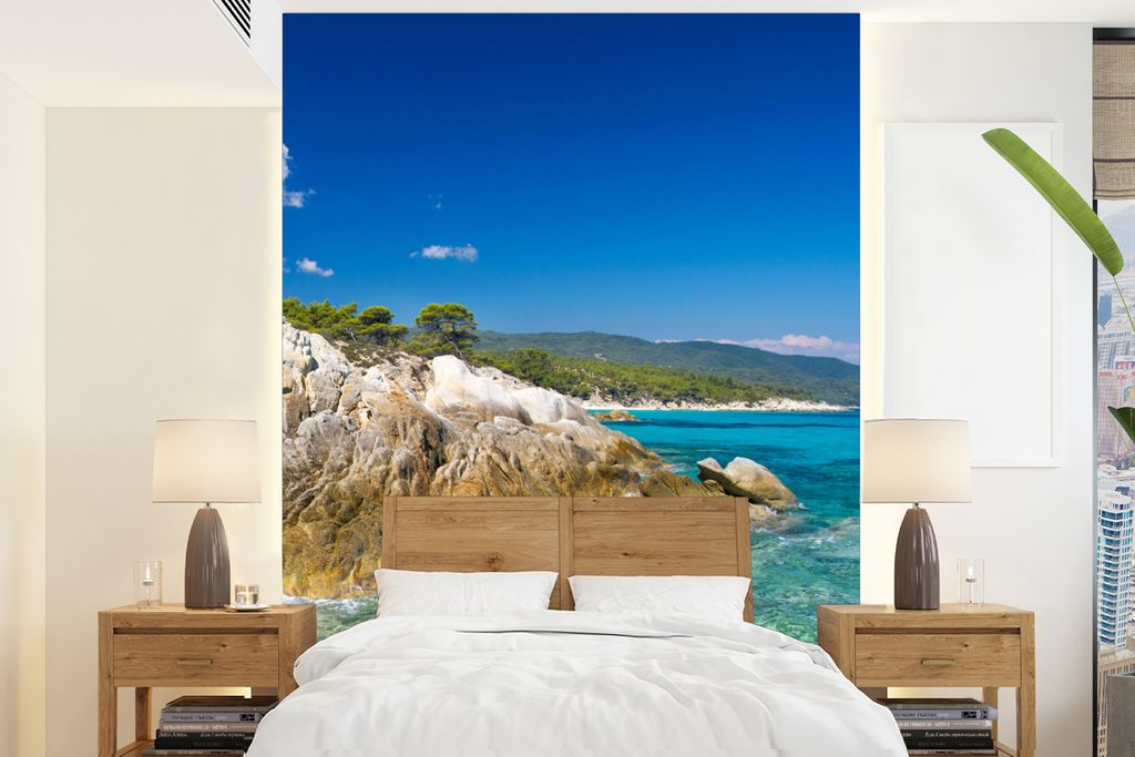 MuchoWow Fototapete für Wohnzimmer oder Schlafzimmer Wandtapete Vinyl Motivtapete Meer - Klippe - Sommer - Tropisch - 160x220 cm - Bildschirmhin...