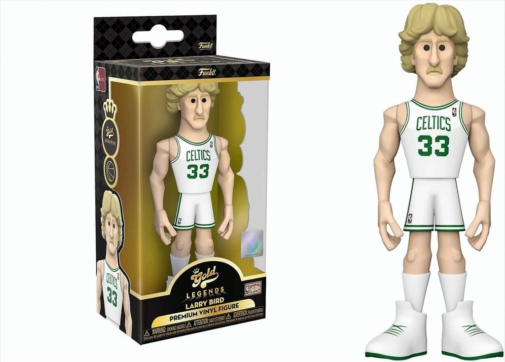 A Funko Gold Premium Vinyl Figure of Larry Bird in his Boston Celtics uniform, shown both in its packaging and standing alone.
