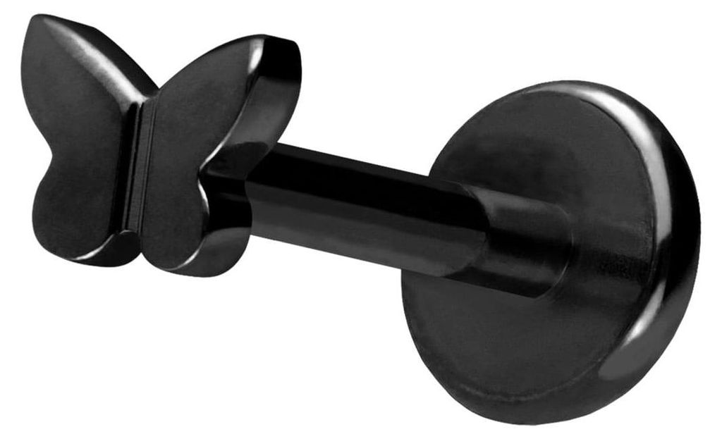 Ohrpiercing, Nasenpiercing Titan Labret mit Push Fit SCHMETTERLING Schwarz Stablänge: 9mm | Stabstärke: 1mm | Discgröße: 3,5mm