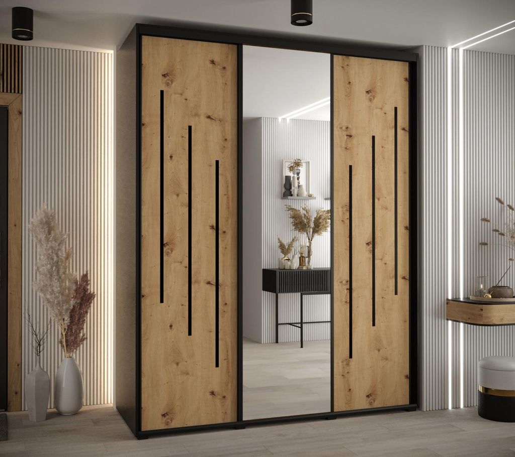 Kleiderschrank YVONA 9 - 190/60 cm, schwarz / Eiche handwerklich / schwarz