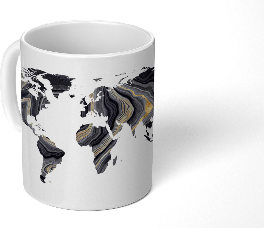 MuchoWow Tasse Kaffeetasse Kaffeebecher 350 ml Weltkarte - Gold - Silber - Schwarz Teetasse - Fototasse - Becher - Keramikbecher - Teebecher - Ka...