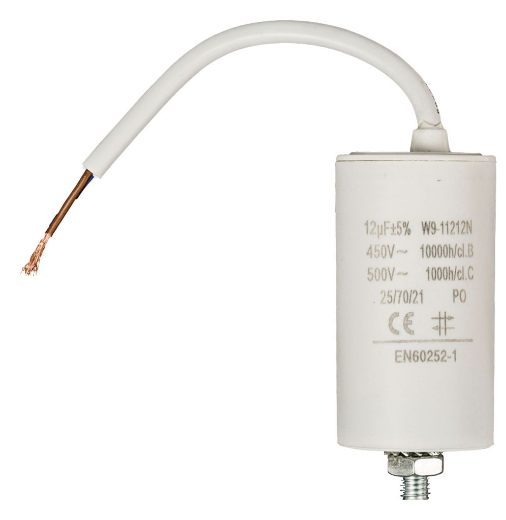 A white capacitor with a white cable and a copper wire end against a white background.