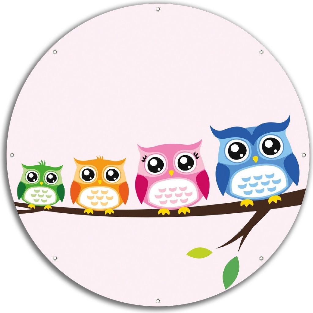 Wallario rundes Outdoor-Poster für Garten oder Balkon, Motiv Eulenfamilie auf einem Ast Comic Stil, 60 cm Durchmesser