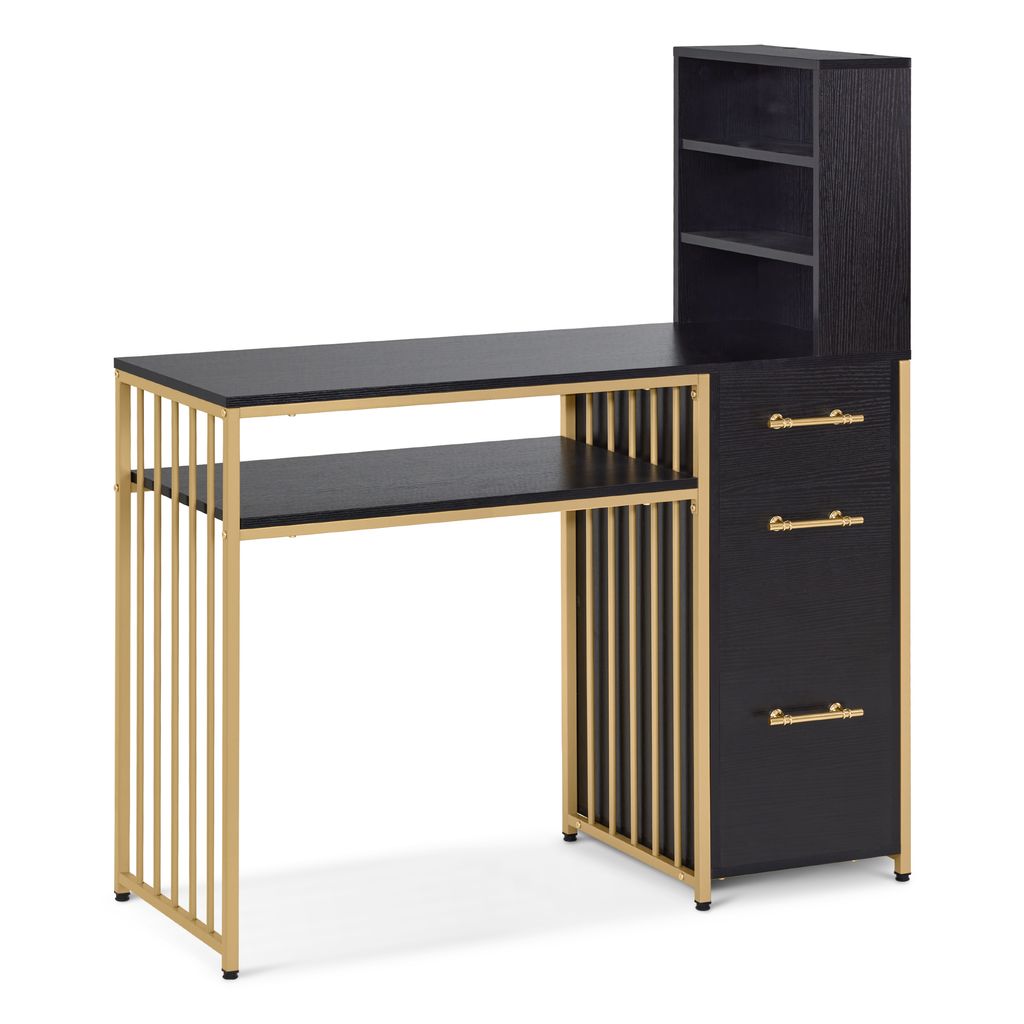 M MCombo Schreibtisch mit 3 Schubladen, Nageltisch aus Holz Metallgestell, Manikürtisch Schwarz-Gold, Schminktisch ohne Spiegel Modern, 2420GBK