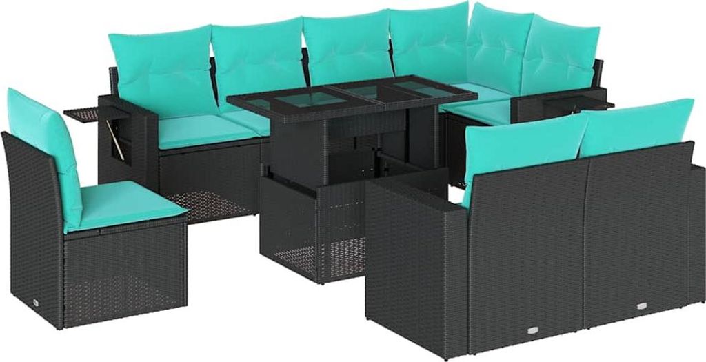 9-teiliges Gartensofa-Set mit Kissen, schwarzes Polyrattan