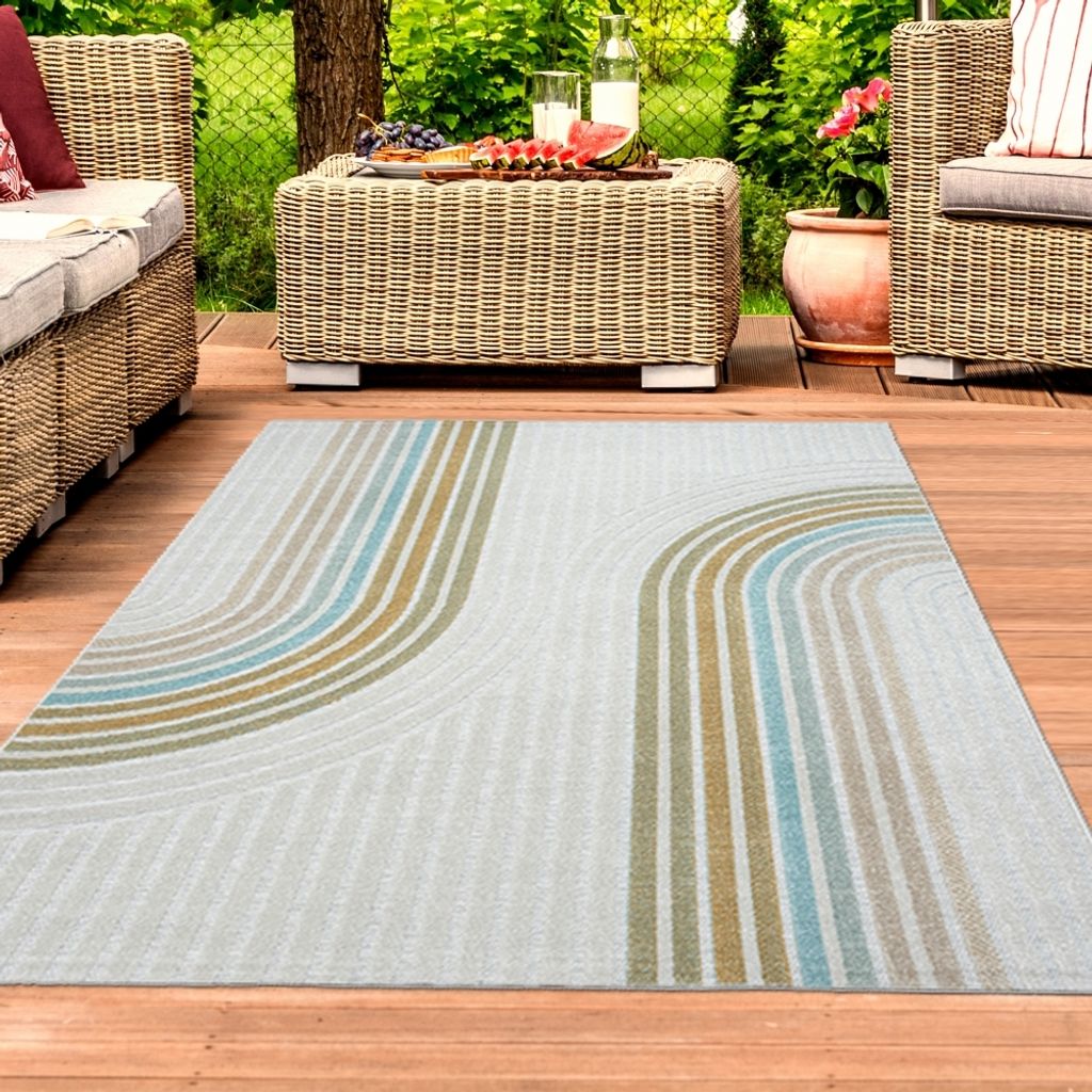 Gemusterter In- & Outdoor Teppich in Creme mit Bunten Linien Größe - 120 x 160 cm