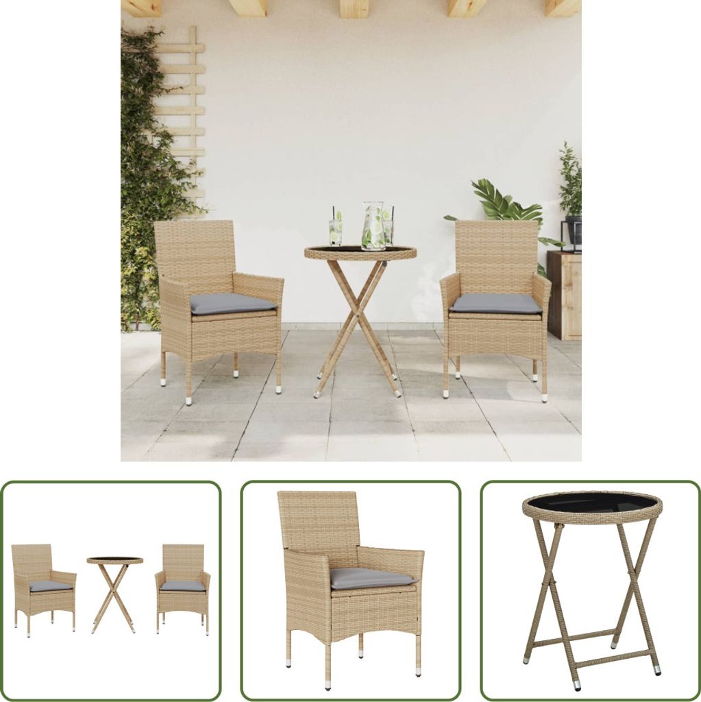 The Living Store 3-tlg. Bistro-Set mit Kissen Beige Poly Rattan und Glas