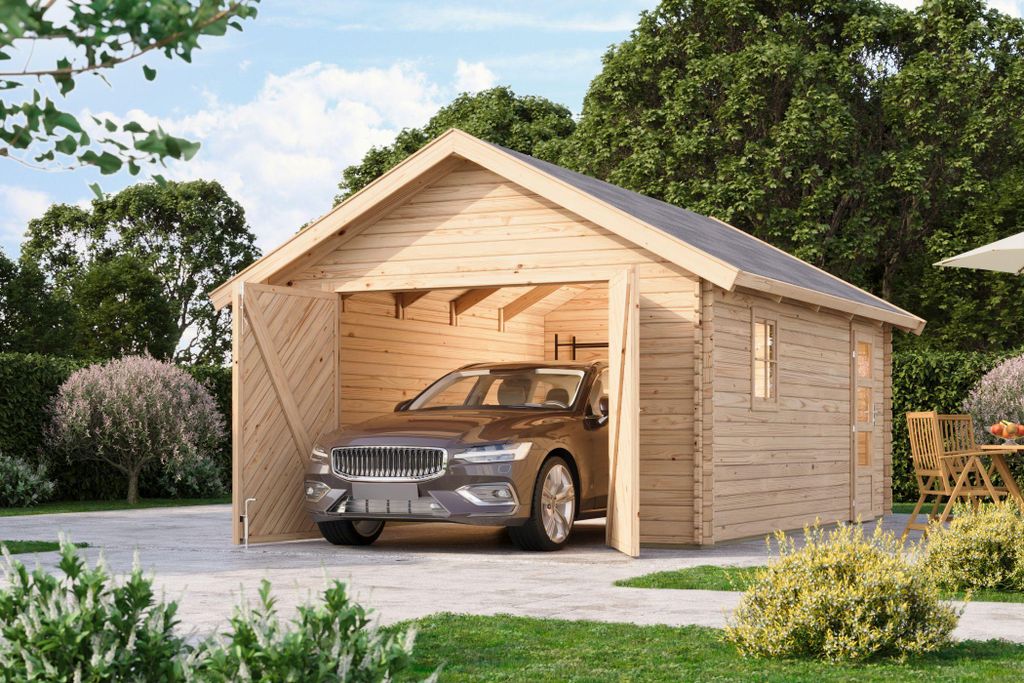 Blockbohlengarage Satteldach Holzgarage Überdachung Unterstand 38mm mit Tor naturbelassen 387x537x309 cm