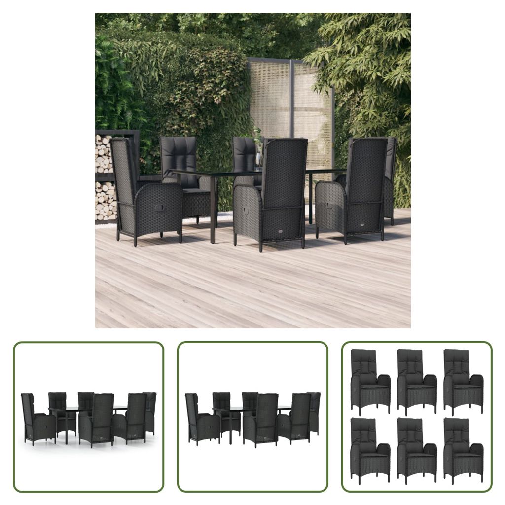 The Living Store 7-tlg. Garten-Essgruppe mit Kissen Schwarz Poly Rattan