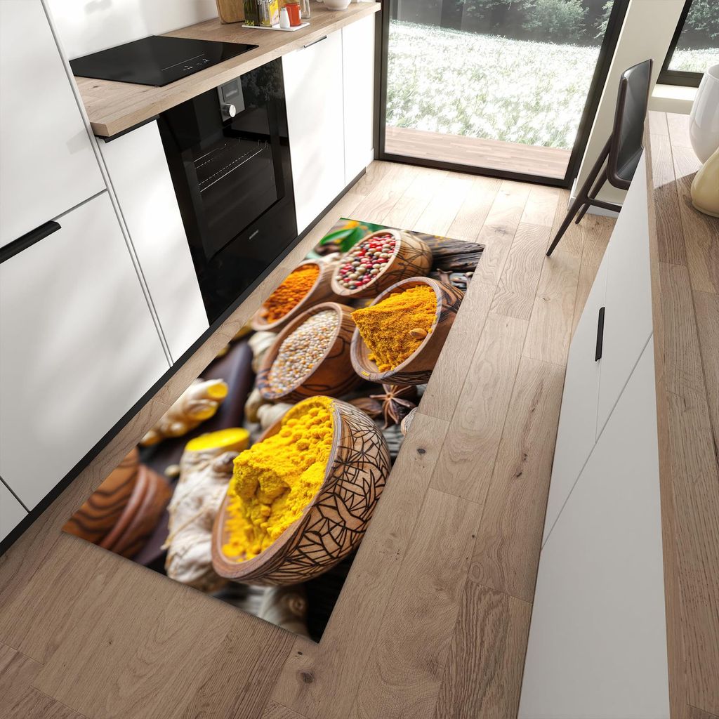 Küchenteppich 80x200cm rutschfest & abwischbar PVC Läufer - Gewürze in Schalen