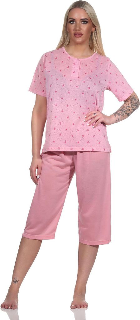 Damen Pyjama 3/4 Hose & Shirt mit Blumenmuster; Altrosa/M/38
