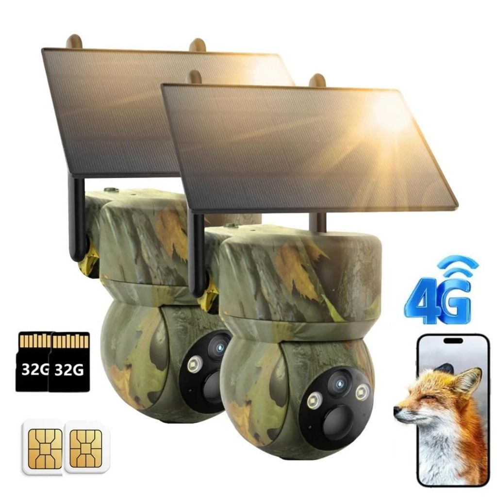 4G LTE Wildkamera Solar 2K 360° PZT Wildkamera mit Handyübertragung App Wildtierkamera mit SIM-Karte 32GB Speicherkarte Bewegungsmelder Nachtsich...
