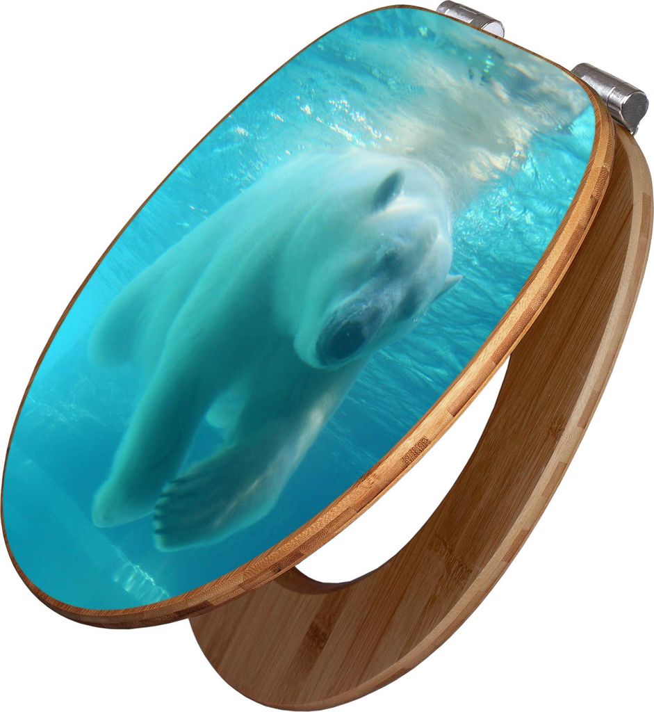 banjado Design WC Sitz Bambus Absenkautomatik - Eisbär unter Wasser - Toilettendeckel mit Absenkautomatik Holz/hochwertiger Bambus Klodeckel/WC-Si...