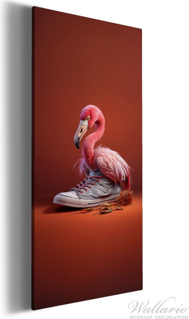 Wallario Premium Leinwandbild Flamingo im Sneaker in Größe 30 x 75 cm