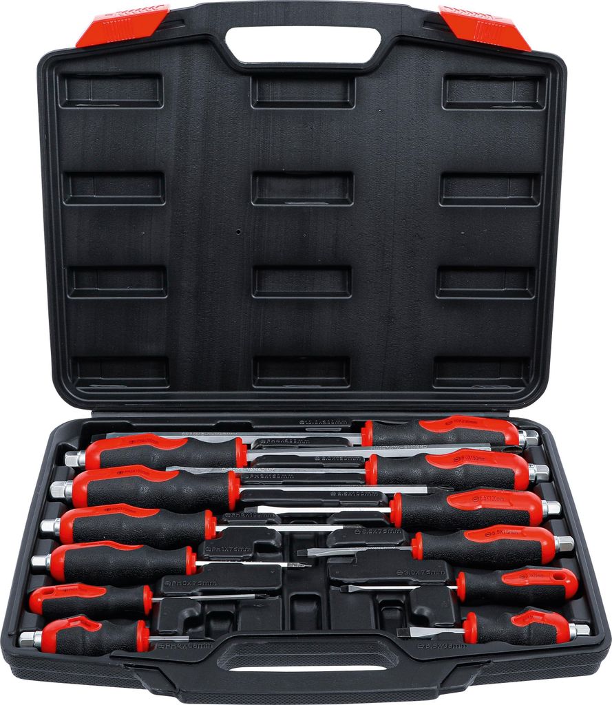 A set of screwdrivers in a black and red case, displayed against a white background.
