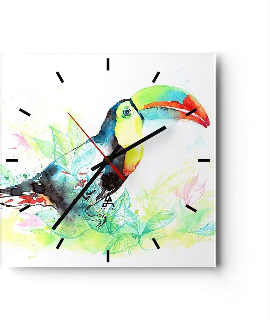 Wanduhr - Quadrat - Glasuhr - Vogel Toucan Neugier wild - 30x30cm - Schleichendes Uhrwerk - Lautlos - zum Aufhängen bereit - Dekoration Modern - W...
