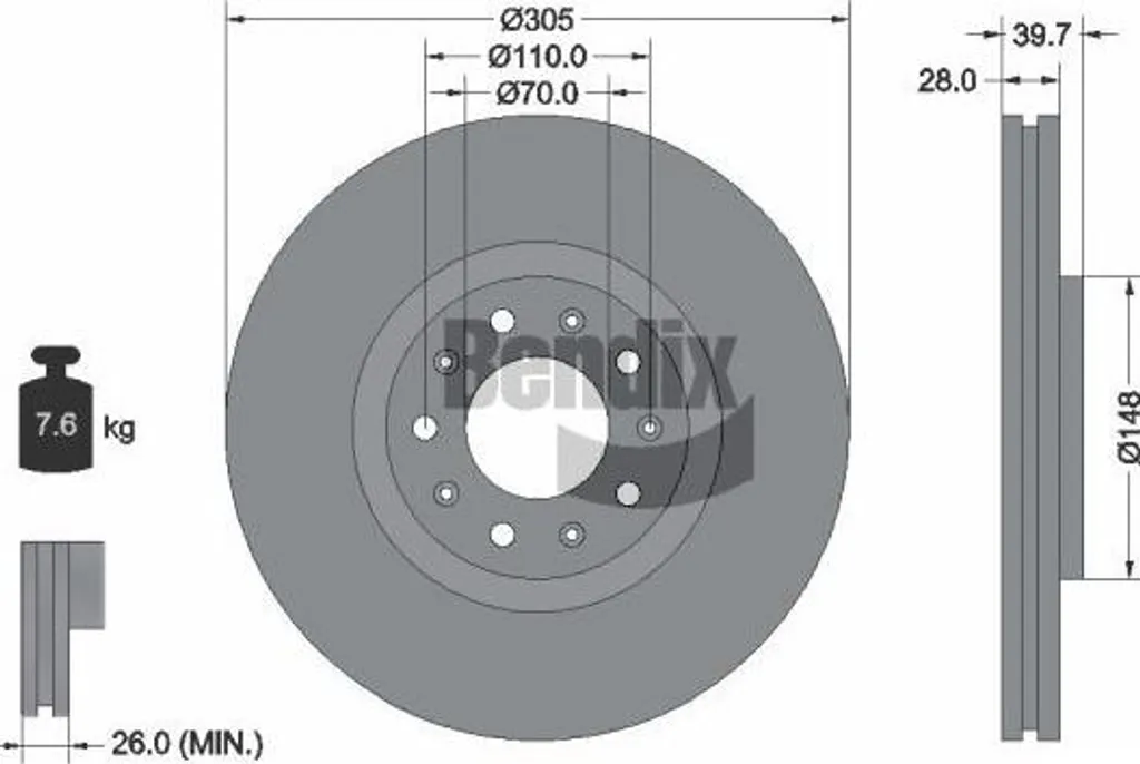 Disque de Frein Avant Ventilé Bendix pour Giulietta et Chrysler 200 Noir