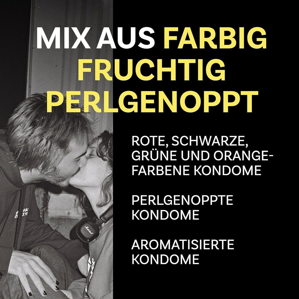 A couple kissing, with text overlay describing condom features.