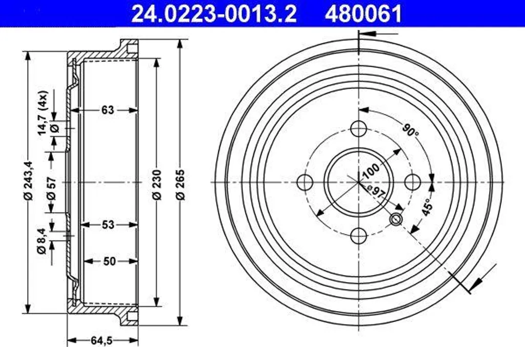 Tambour de Frein ATE 24.0223-0013.2 OE 568063 pour Astra G et Vectra