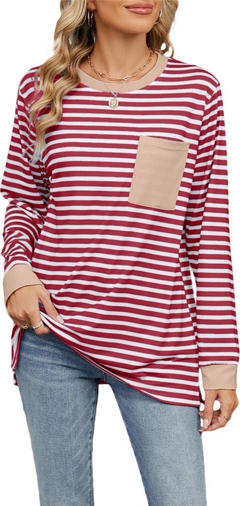 ASKSA Damen Langarm T-Shirt Gestreifte Farbblock Rundhals Bluse Elegant Herbst Y2K Oberteile mit Taschen (Rot,XXL)