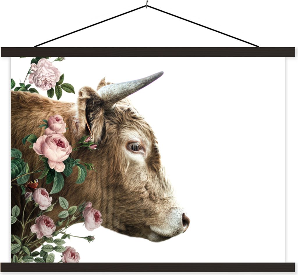 MuchoWow Textilposter Schottisches Hochlandrind - Blumen - Rosa - Weiß 150x113 cm mit schwarzem Rahmen - Wohnzimmer