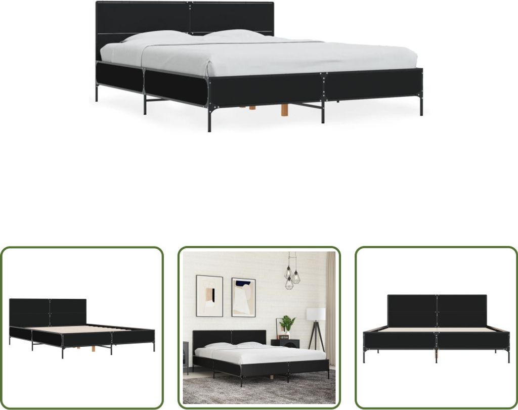 The Living Store Bettgestell Schwarz 150x200 cm Holzwerkstoff und Metall