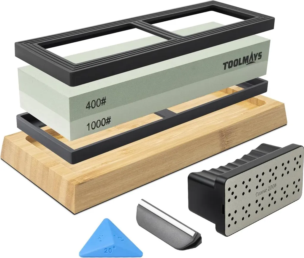 Pierre à aiguiser TOOLMAYS grain 400/1000 avec socle bambou et guide