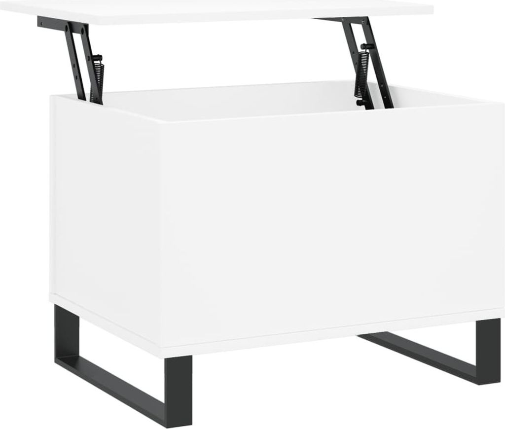 A white lift-top coffee table with black metal legs, shown from the front.