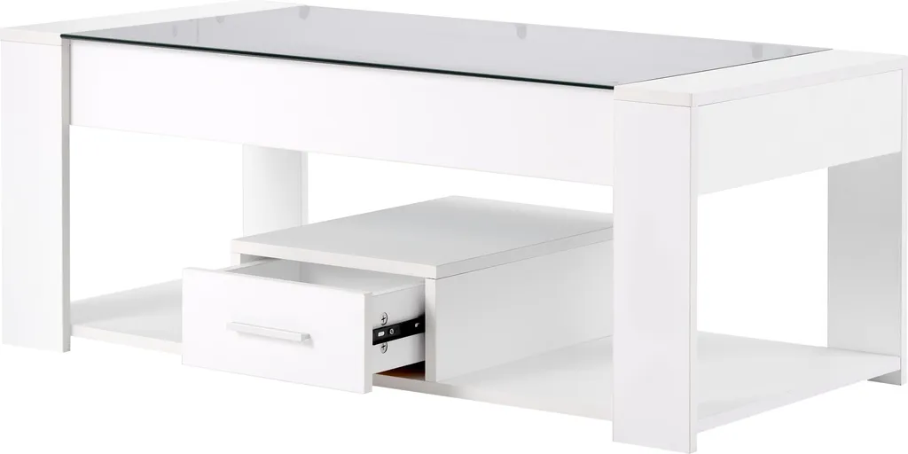 Table basse blanche multi-rangements et plateau verre trempé 100 cm