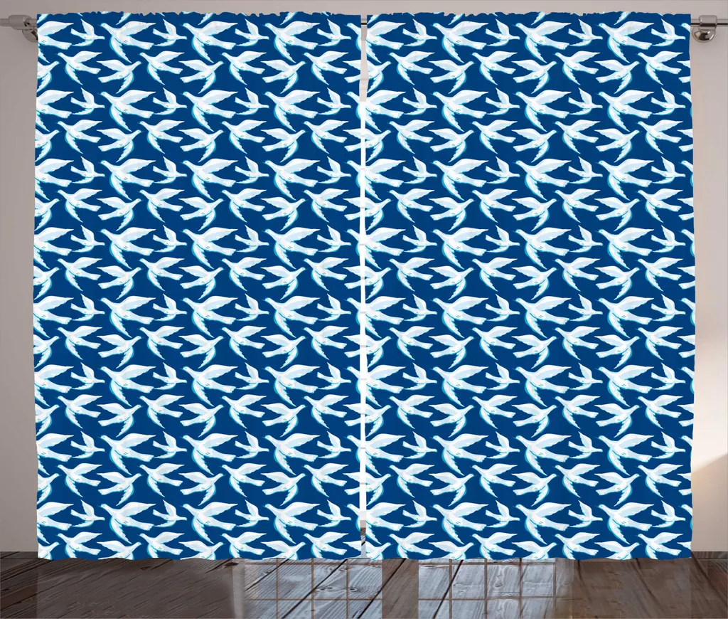 Rideau pour Salon Grande Largeur 280x225 cm Déco Oiseaux Rustique Bleue