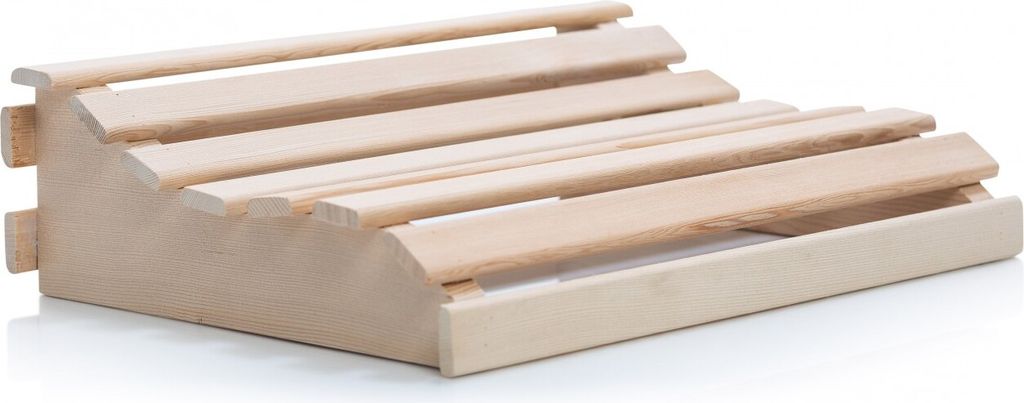 A wooden headrest for a sauna, shown from a side angle on a white background.