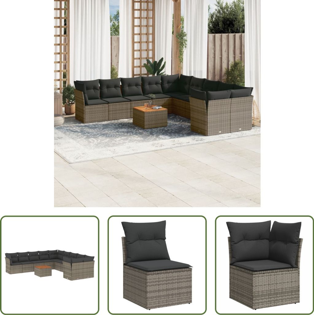 The Living Store 11-tlg. Garten-Sofagarnitur mit Kissen Grau Poly Rattan