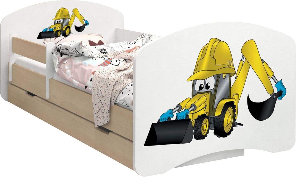 BDW Kinderbett, Doppelseitiges mit Schublade, Bagger, 140/70