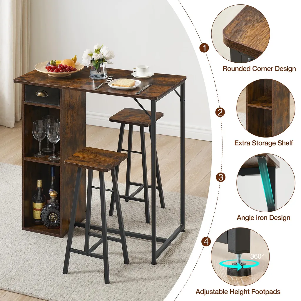 Table de cuisine compacte 3 pièces solution pour petits espaces marron