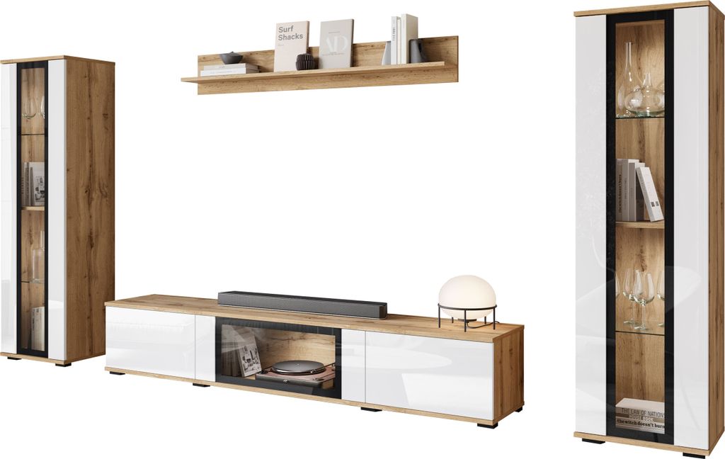 MIRJAN24 Wohnwand Caro, TV-Möbel, Große Anbauwand, Schrankwand, Wohnzimmer-Set (Farbe: Wotan / Weiß Hochglanz, mit weißer LED Beleuchtung)