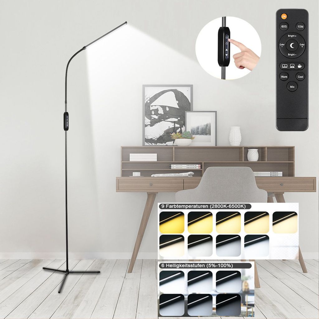 150cm Hohe LED-Stehlampe mit Fernbedienung&Timer 12W Leselampe,Touch Schalter Standleuchte,Verstellbare Schwanenhal,Dimmbar für Wohnzimmer,Büro