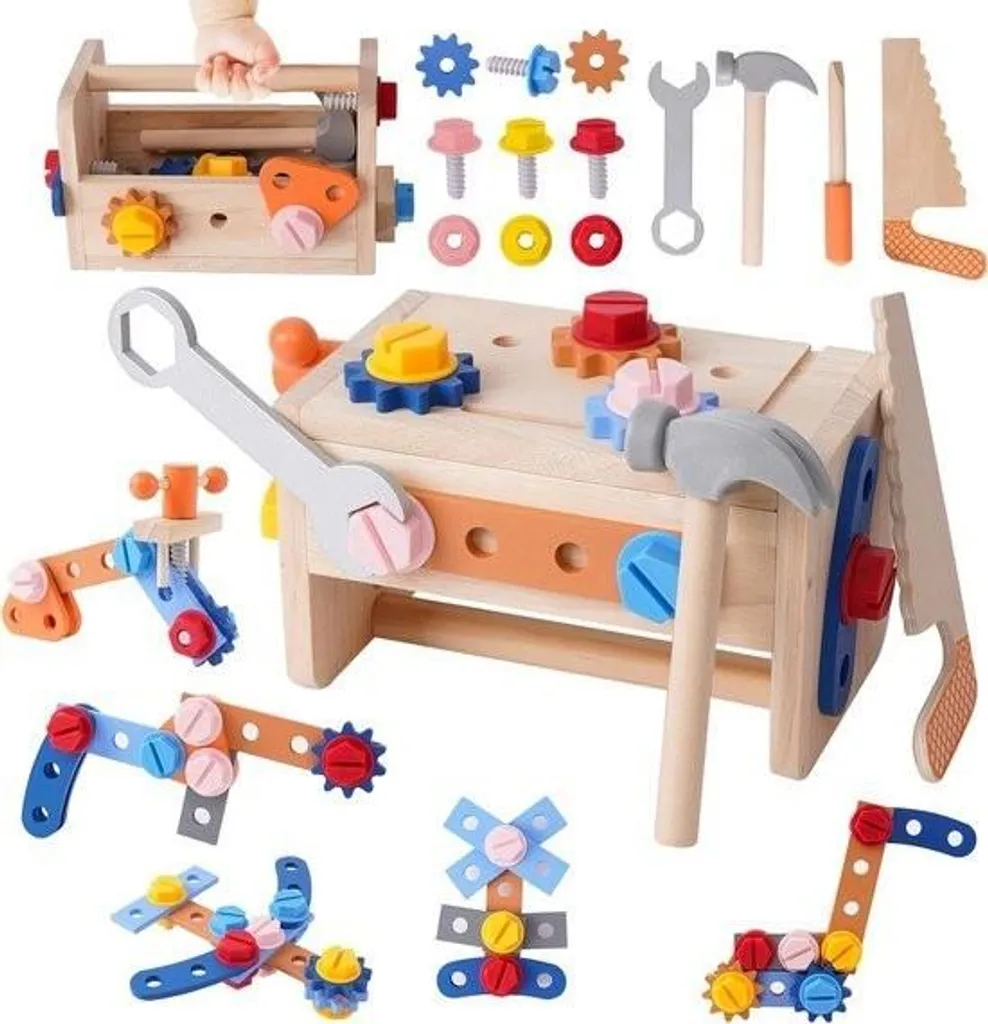 Boîte à outils Montessori en bois pour enfant - Set complet de 38 pièces