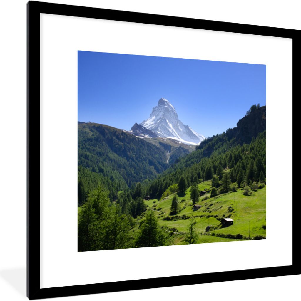 MuchoWow Gerahmtes Poster Schweizer Alpen im Matterhorn mit grünen Bäumen 40x40 cm - Poster mit Schwarzem Bilderrahmen Wandposter Rahmen Foto B...