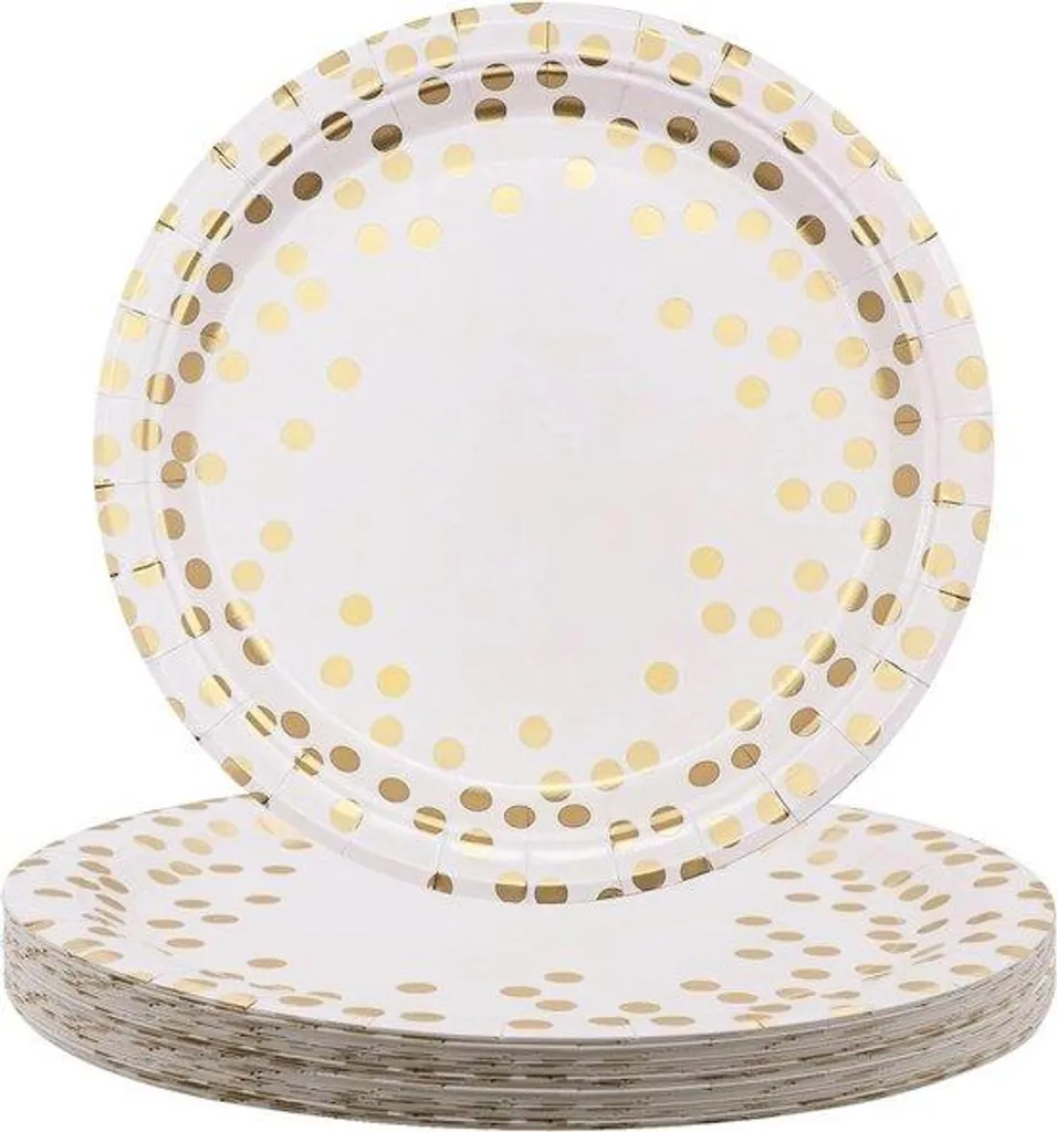 Assiettes jetables dorées 18 cm - Carton rigide blanc et or - 50 pièces